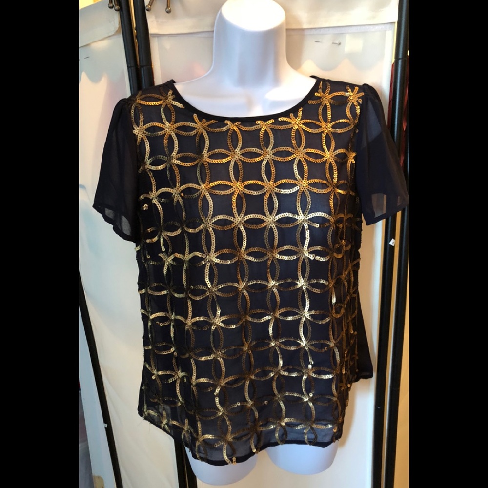 Navy blue and gold sheer top
